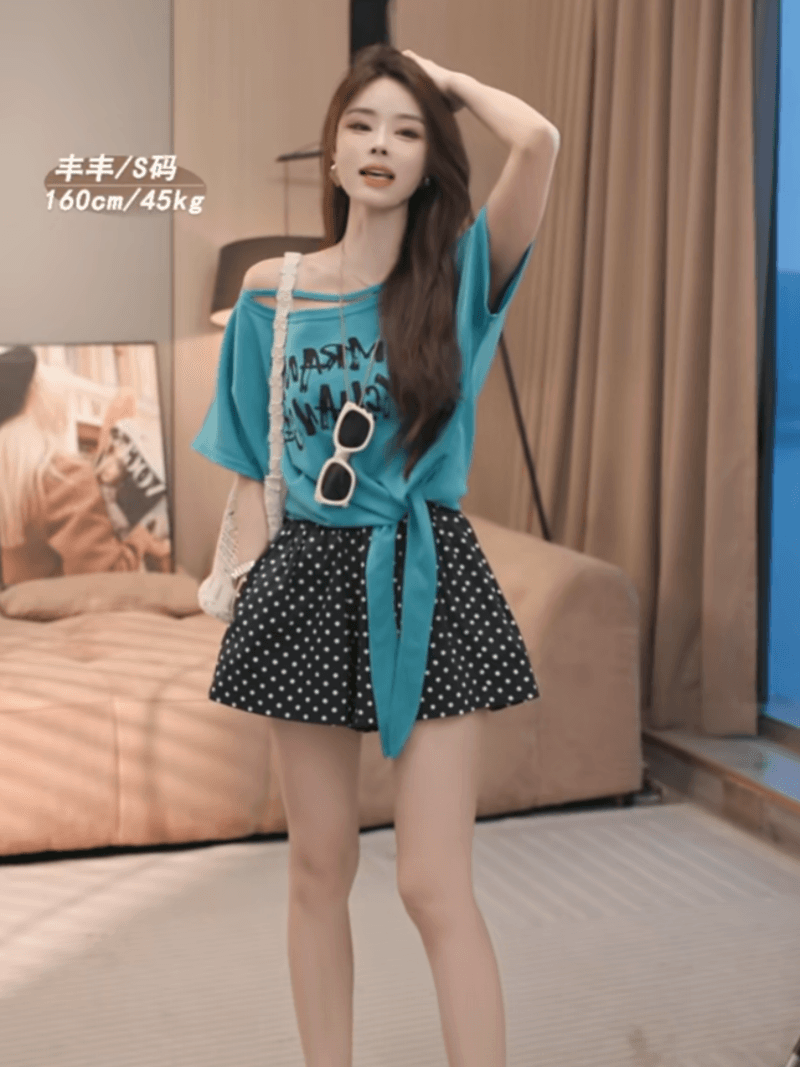 여름 새로운 순수한 욕망 바람 비스듬한 오프숄더 알파벳 프린트 다용도 슬림해 보이는 반팔 티셔츠 세트 상세 이미지 15