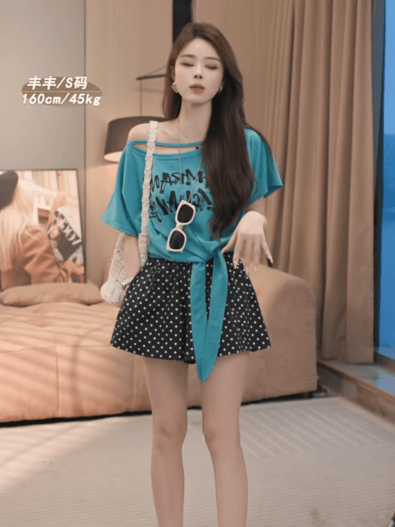 여름 새로운 순수한 욕망 바람 비스듬한 오프숄더 알파벳 프린트 다용도 슬림해 보이는 반팔 티셔츠 세트 상세 이미지 16