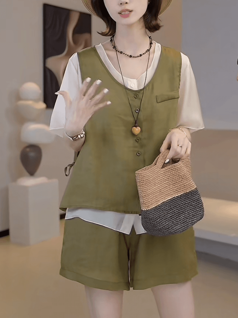 웨이 웨이 유 디자인 섹션 주간 실크 라미 배색 패치워크 베스트 맨위 가져 가라. 반바지 슬림해 보이는 세트 상세 이미지 2