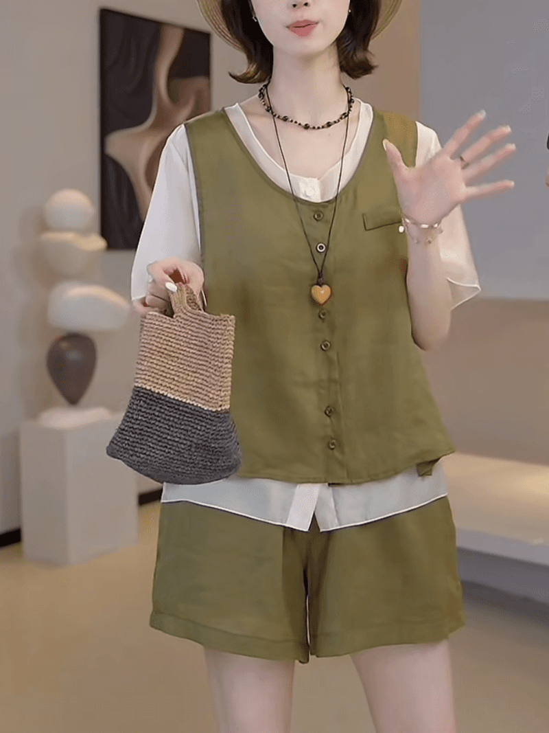 웨이 웨이 유 디자인 섹션 주간 실크 라미 배색 패치워크 베스트 맨위 가져 가라. 반바지 슬림해 보이는 세트 상세 이미지 5