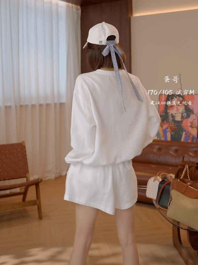 여름 캐주얼 연령 감소 외국 가스 품격 단색 자외선 차단 반팔 반바지 세트 상세 이미지 13