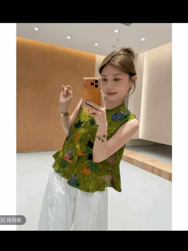 여름 새로운 단추 자카드 레트로 프릴 민소매 작은 셔츠 10 아세트산 바지 허리밴드 바지 이미지 3