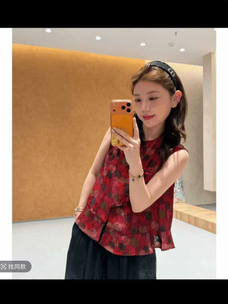 여름 새로운 단추 자카드 레트로 프릴 민소매 작은 셔츠 10 아세트산 바지 허리밴드 바지 상세 이미지 3