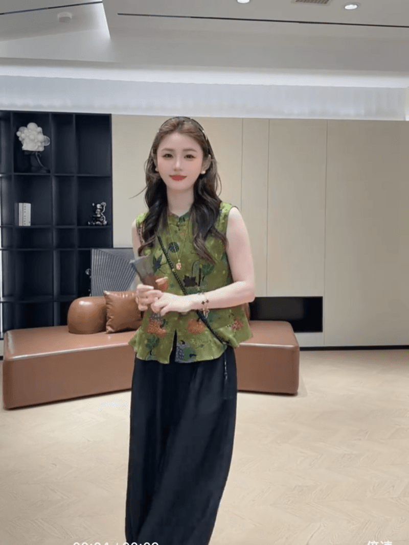 여름 새로운 단추 자카드 레트로 프릴 민소매 작은 셔츠 10 아세트산 바지 허리밴드 바지 상세 이미지 17