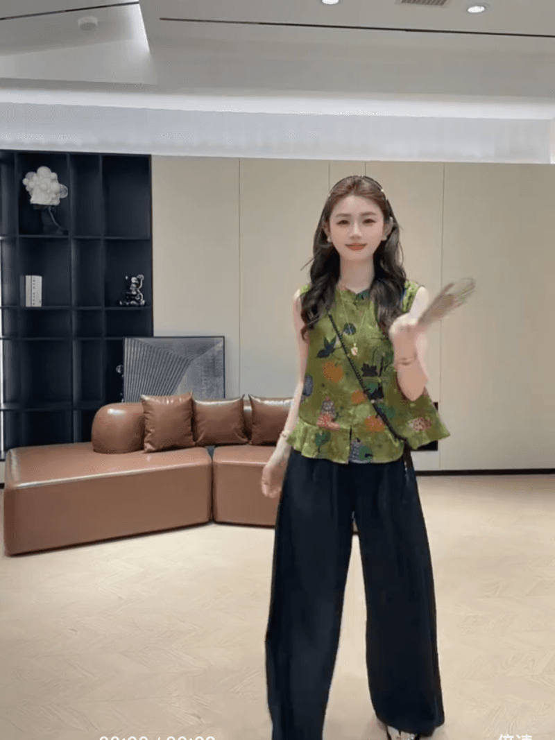 여름 새로운 단추 자카드 레트로 프릴 민소매 작은 셔츠 10 아세트산 바지 허리밴드 바지 상세 이미지 18