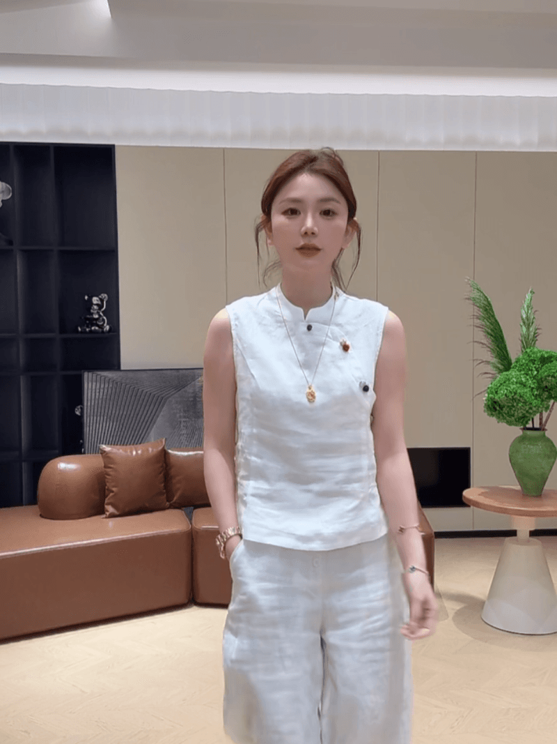 마 재료 여름 색상 단추 민소매 품격 스탠드 칼라 작은 셔츠 패션 중식 맨위 다용도 세트 이미지 2