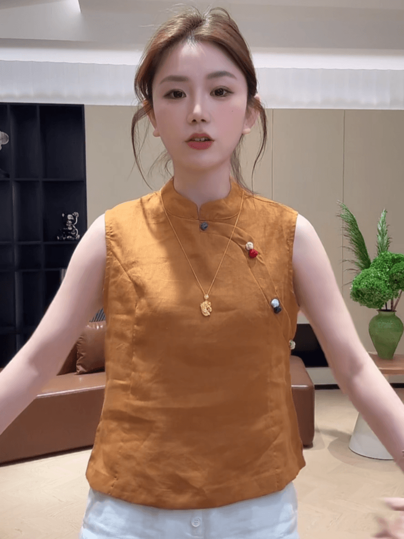 마 재료 여름 색상 단추 민소매 품격 스탠드 칼라 작은 셔츠 패션 중식 맨위 다용도 세트 이미지 5