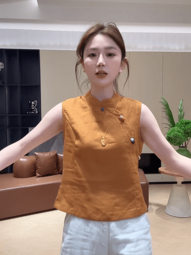 마 재료 여름 색상 단추 민소매 품격 스탠드 칼라 작은 셔츠 패션 중식 맨위 다용도 세트 상세 이미지 1