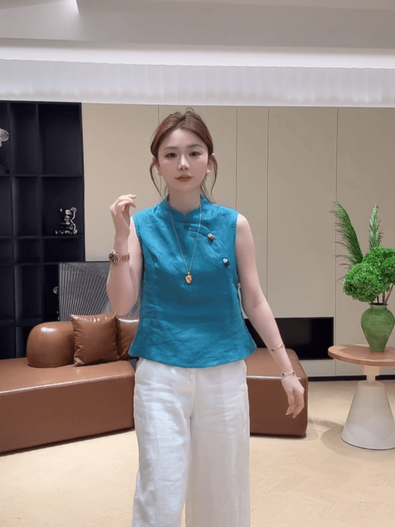마 재료 여름 색상 단추 민소매 품격 스탠드 칼라 작은 셔츠 패션 중식 맨위 다용도 세트 상세 이미지 5
