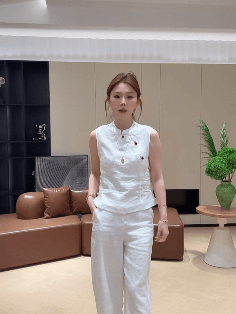 마 재료 여름 색상 단추 민소매 품격 스탠드 칼라 작은 셔츠 패션 중식 맨위 다용도 세트 상세 이미지 14