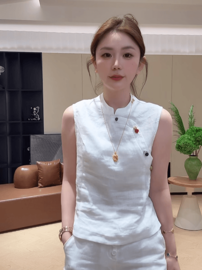 마 재료 여름 색상 단추 민소매 품격 스탠드 칼라 작은 셔츠 패션 중식 맨위 다용도 세트 상세 이미지 17