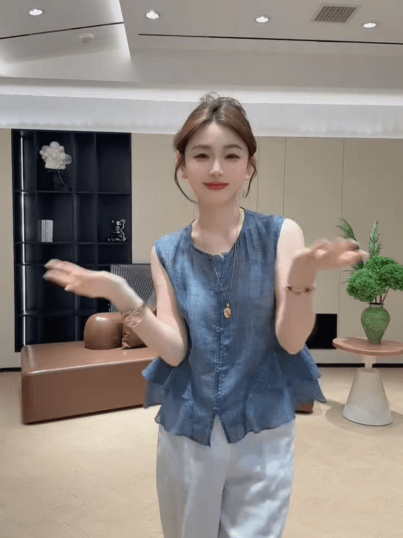 콩 추천 여름 이중층 밑단 연령 감소 꽃무늬 민소매 작은 셔츠 레트로 디자인 센스 맨위 세트 이미지 2