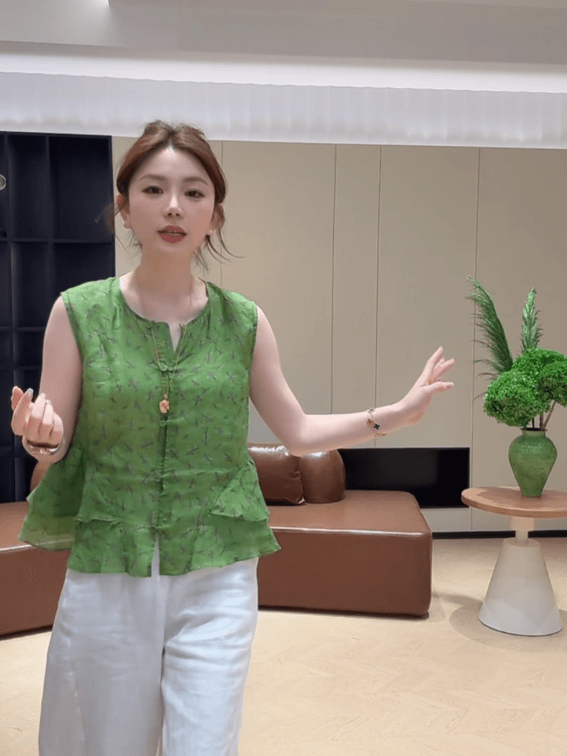 콩 추천 여름 이중층 밑단 연령 감소 꽃무늬 민소매 작은 셔츠 레트로 디자인 센스 맨위 세트 상세 이미지 4