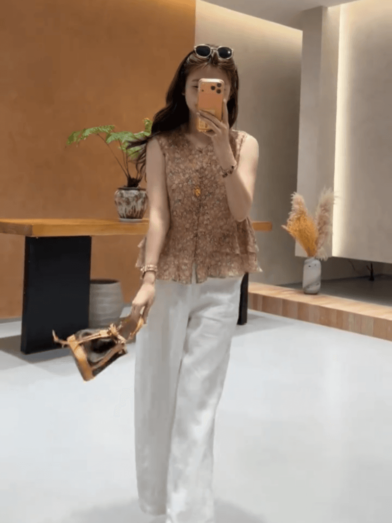 콩 추천 여름 이중층 밑단 연령 감소 꽃무늬 민소매 작은 셔츠 레트로 디자인 센스 맨위 세트 상세 이미지 7
