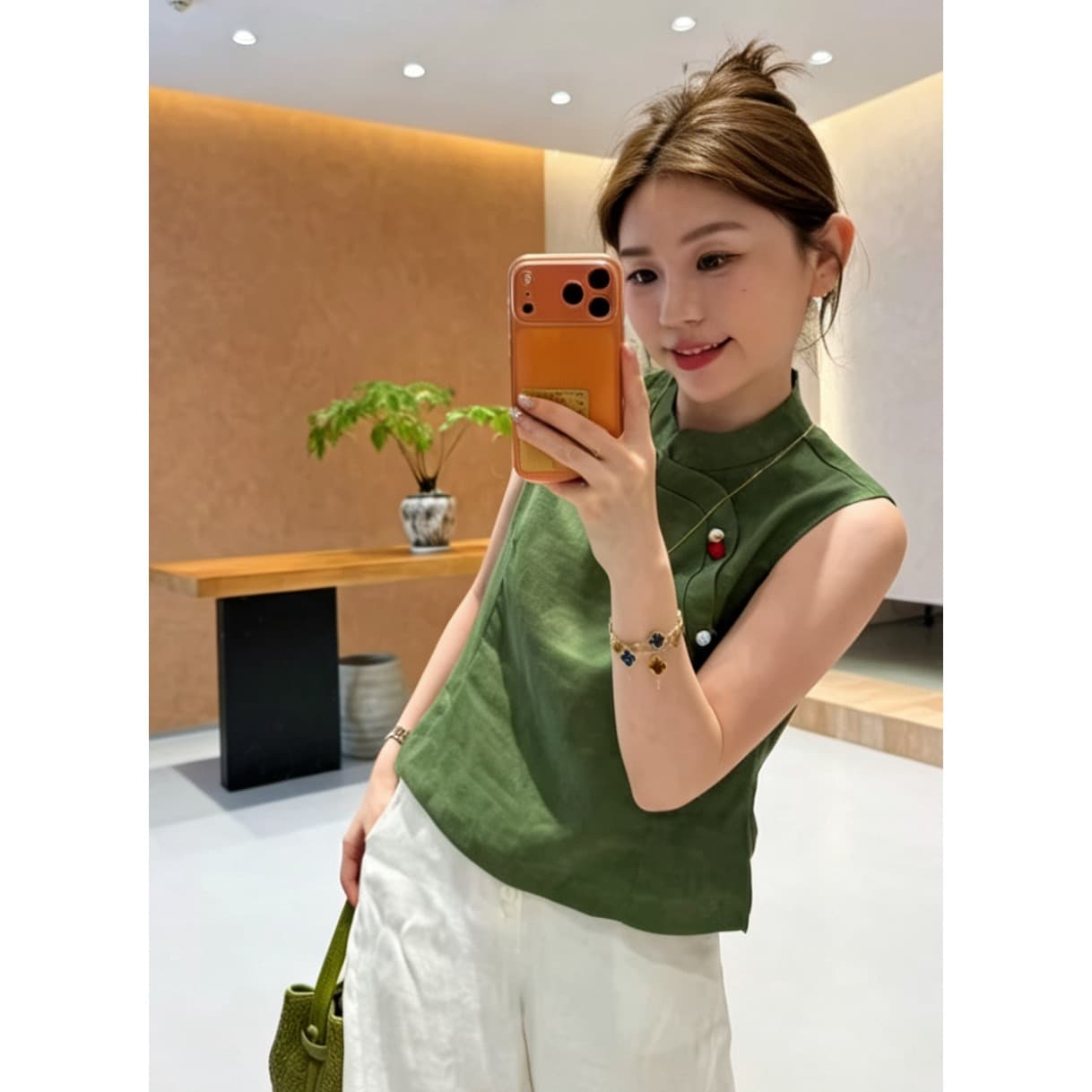 마 재료 여름 색상 단추 민소매 품격 스탠드 칼라 작은 셔츠 패션 중식 맨위 다용도 세트 이미지 4