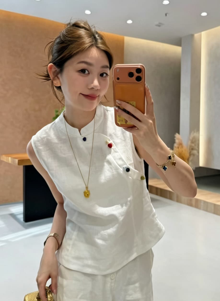 마 재료 여름 색상 단추 민소매 품격 스탠드 칼라 작은 셔츠 패션 중식 맨위 다용도 세트 이미지 2