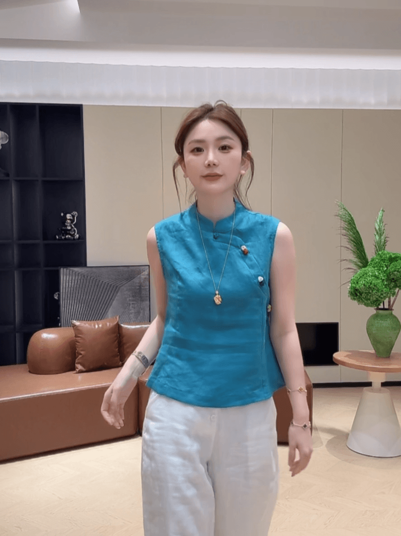 마 재료 여름 색상 단추 민소매 품격 스탠드 칼라 작은 셔츠 패션 중식 맨위 다용도 세트 이미지 5