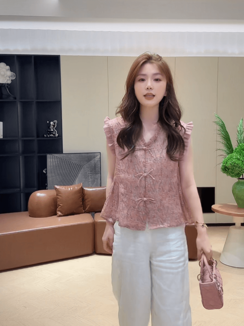콩 추천 여름 레트로 프린트 프릴 디스크 구두 디자인 센스 연령 감소 작은 셔츠 민소매 맨위 세트 상세 이미지 1