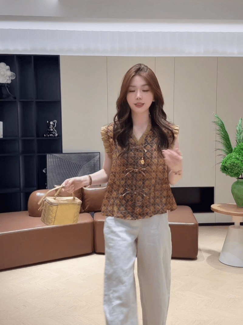 콩 추천 여름 레트로 프린트 프릴 디스크 구두 디자인 센스 연령 감소 작은 셔츠 민소매 맨위 세트 상세 이미지 12