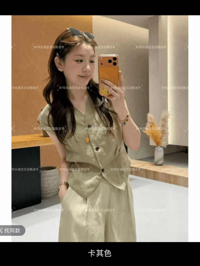 여름 싱글 줄 버튼 주름 허리 수축 품격 V넥 작은 셔츠 민소매 프랑스식 슬림해 보이는 맨위 세트 상세 이미지 10