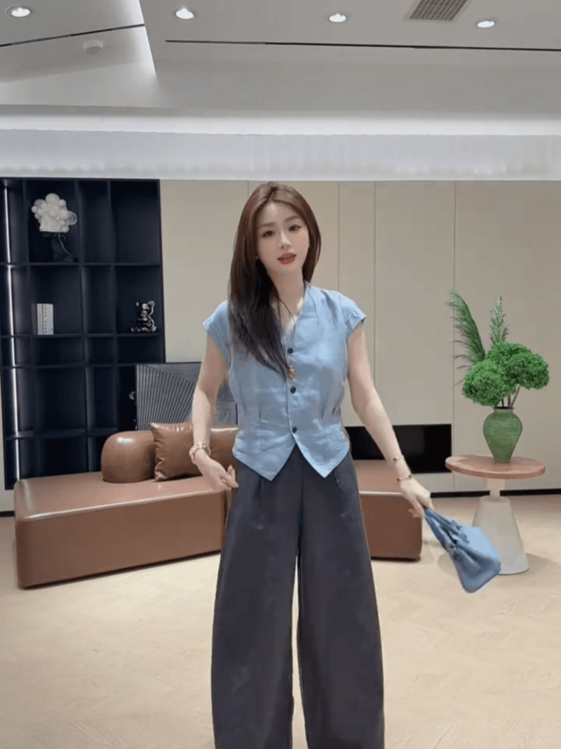 여름 싱글 줄 버튼 주름 허리 수축 품격 V넥 작은 셔츠 민소매 프랑스식 슬림해 보이는 맨위 세트 상세 이미지 21