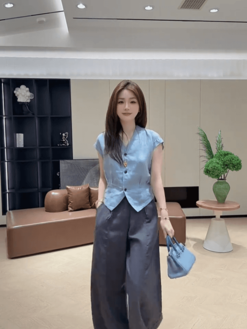 여름 싱글 줄 버튼 주름 허리 수축 품격 V넥 작은 셔츠 민소매 프랑스식 슬림해 보이는 맨위 세트 상세 이미지 22
