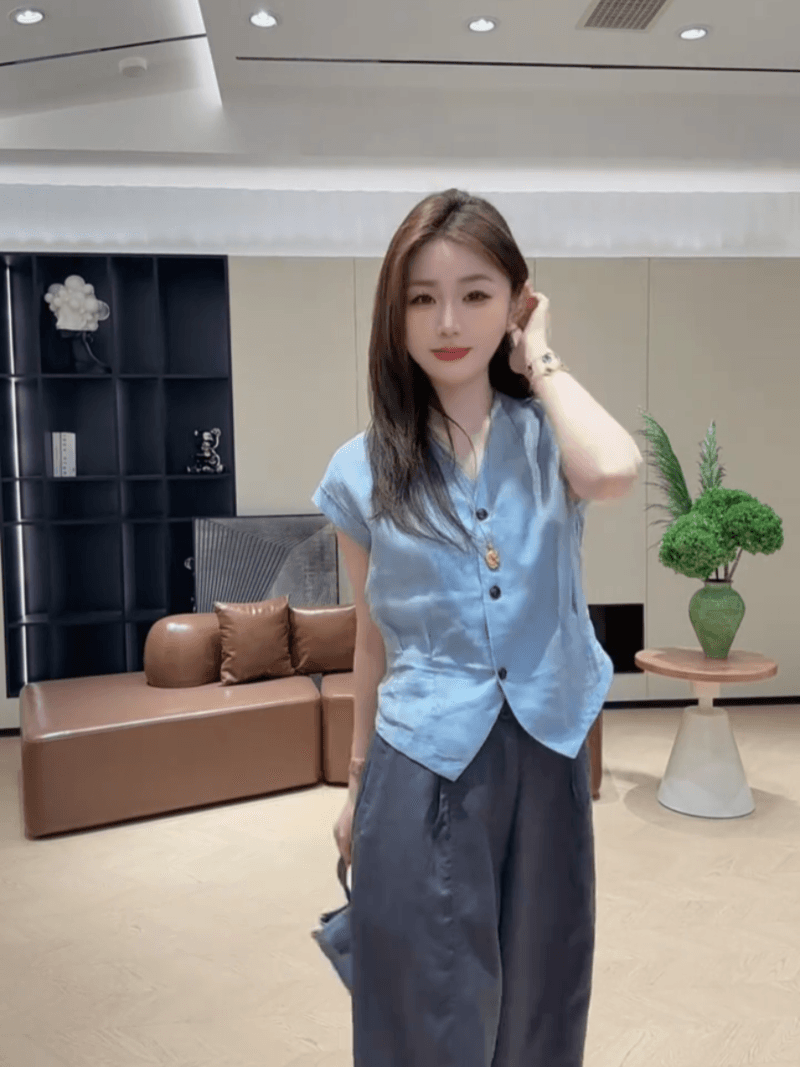 여름 싱글 줄 버튼 주름 허리 수축 품격 V넥 작은 셔츠 민소매 프랑스식 슬림해 보이는 맨위 세트 상세 이미지 24