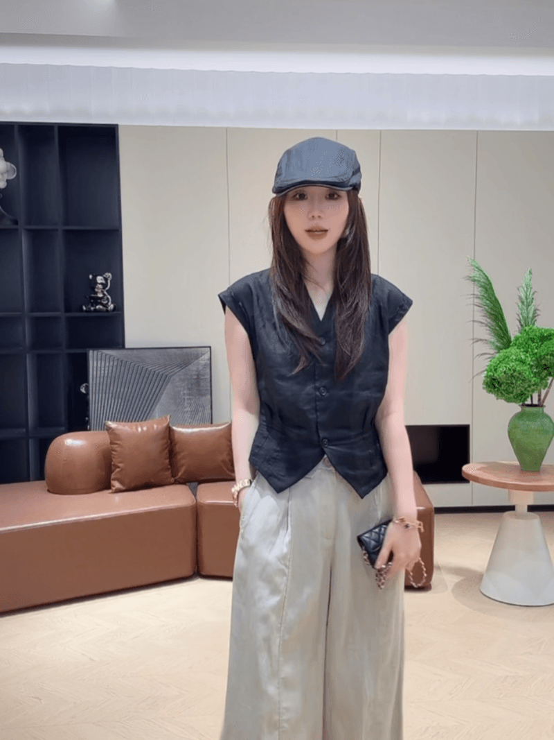 여름 싱글 줄 버튼 주름 허리 수축 품격 V넥 작은 셔츠 민소매 프랑스식 슬림해 보이는 맨위 세트 상세 이미지 31