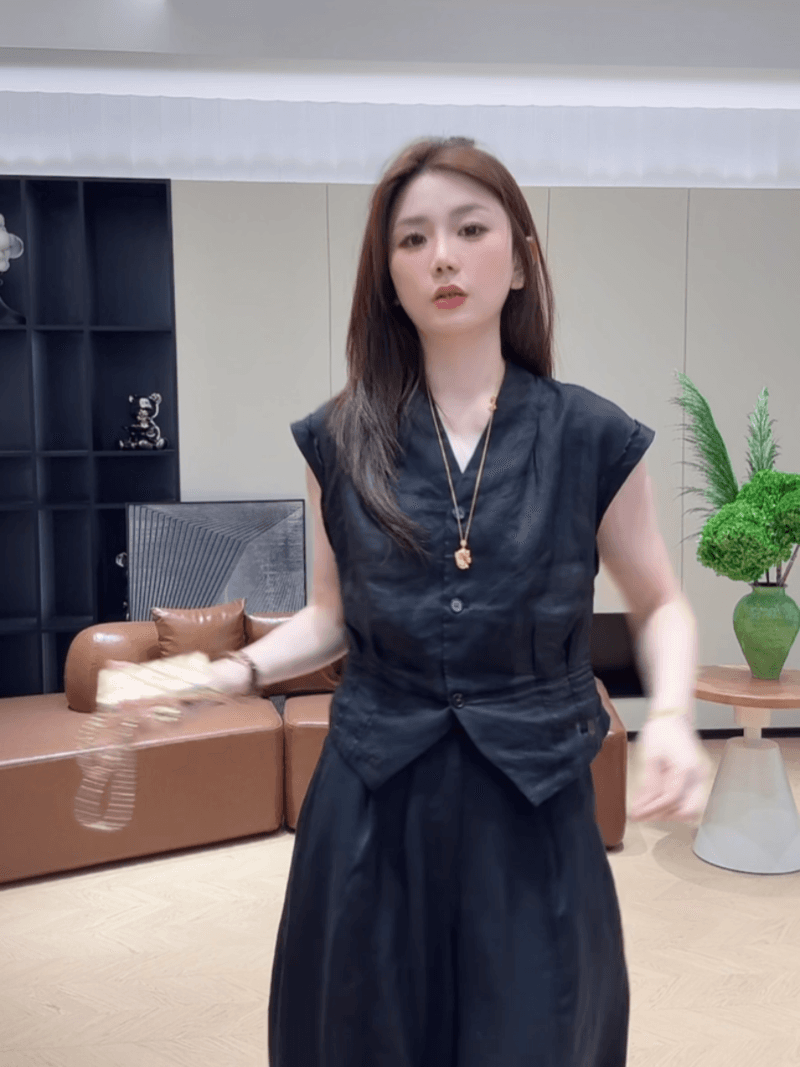 여름 싱글 줄 버튼 주름 허리 수축 품격 V넥 작은 셔츠 민소매 프랑스식 슬림해 보이는 맨위 세트 상세 이미지 33