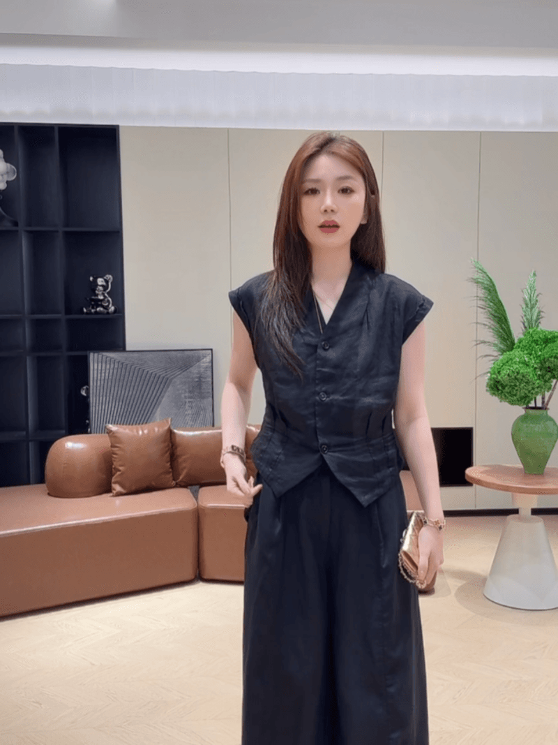 여름 싱글 줄 버튼 주름 허리 수축 품격 V넥 작은 셔츠 민소매 프랑스식 슬림해 보이는 맨위 세트 상세 이미지 34