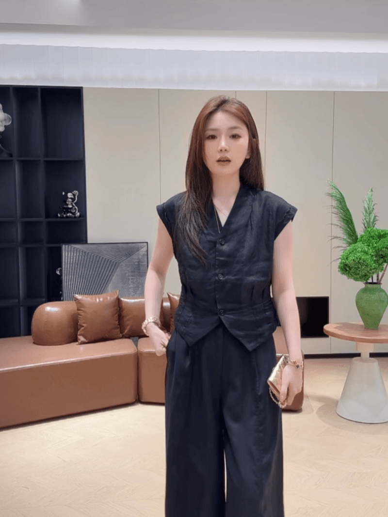 여름 싱글 줄 버튼 주름 허리 수축 품격 V넥 작은 셔츠 민소매 프랑스식 슬림해 보이는 맨위 세트 상세 이미지 36