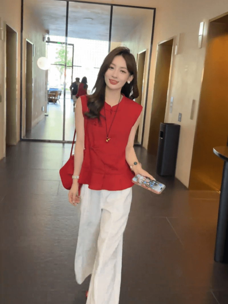 원본 미적 감각 여름 자카드 레트로 품격 작은 셔츠 민소매 새로운 중식 맨위 세트 재고 있음 이미지 2