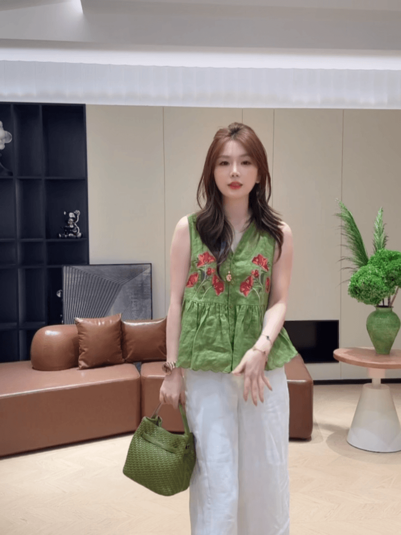 콩 추천 여름 싱글 줄 버튼 자수 자카드 주름 연령 감소 작은 셔츠 민소매 레트로 맨위 세트 이미지 4