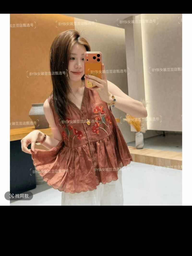 콩 추천 여름 싱글 줄 버튼 자수 자카드 주름 연령 감소 작은 셔츠 민소매 레트로 맨위 세트 상세 이미지 4