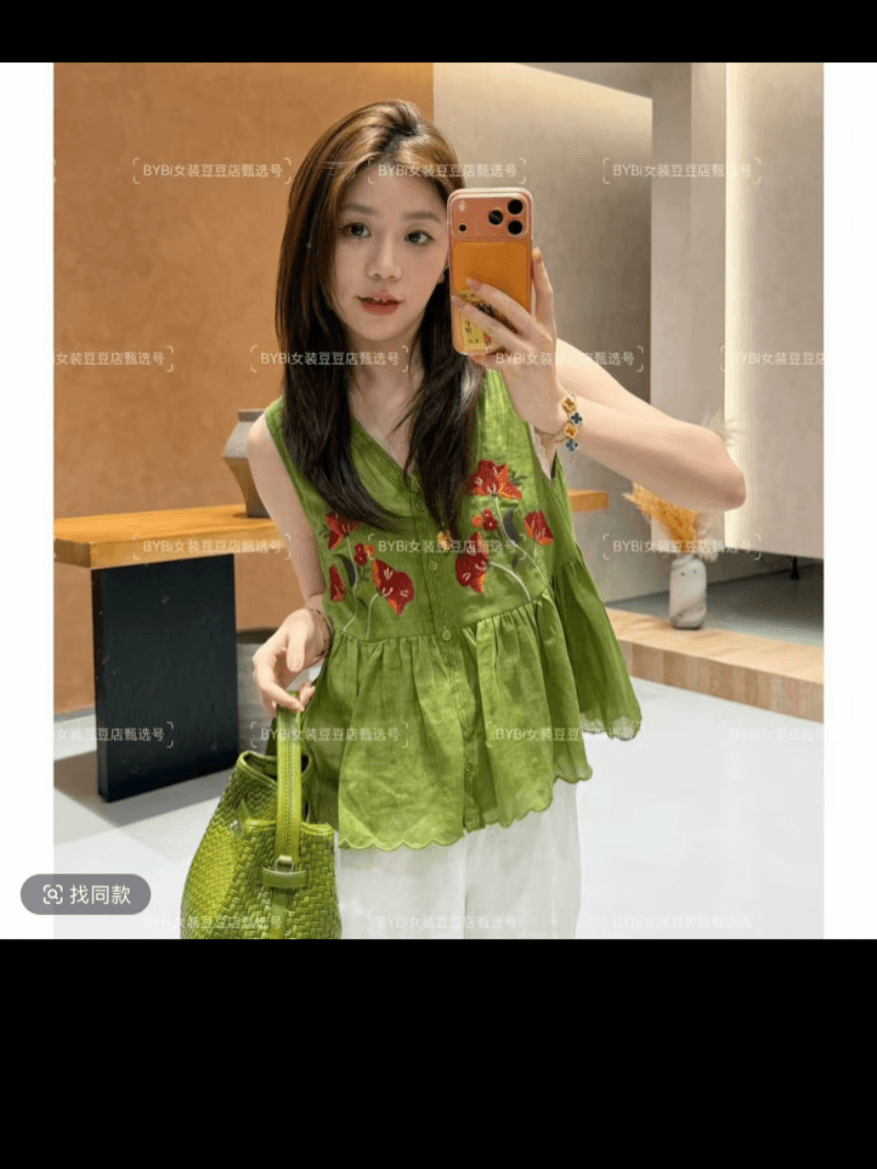 콩 추천 여름 싱글 줄 버튼 자수 자카드 주름 연령 감소 작은 셔츠 민소매 레트로 맨위 세트 상세 이미지 6