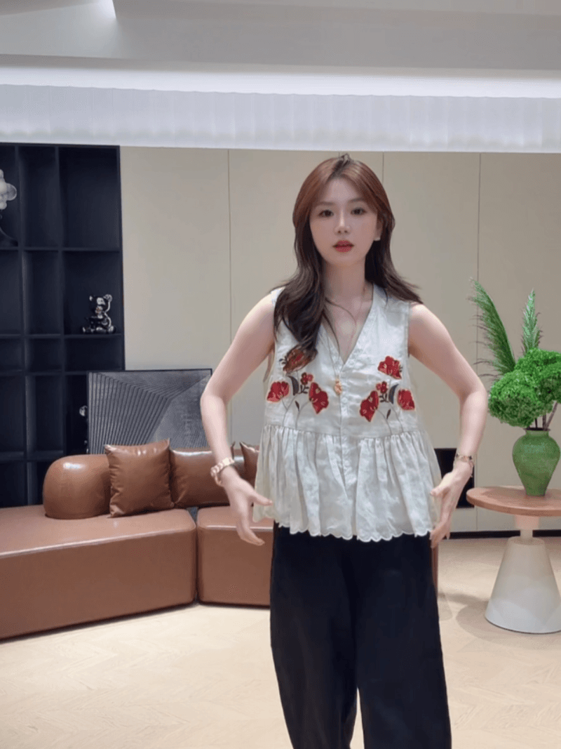 콩 추천 여름 싱글 줄 버튼 자수 자카드 주름 연령 감소 작은 셔츠 민소매 레트로 맨위 세트 상세 이미지 8