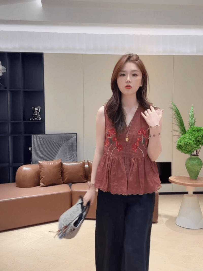 콩 추천 여름 싱글 줄 버튼 자수 자카드 주름 연령 감소 작은 셔츠 민소매 레트로 맨위 세트 상세 이미지 10