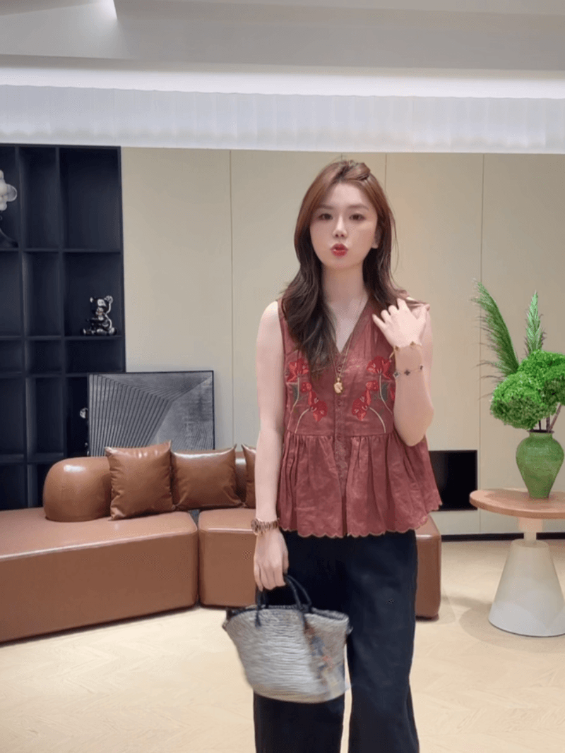 콩 추천 여름 싱글 줄 버튼 자수 자카드 주름 연령 감소 작은 셔츠 민소매 레트로 맨위 세트 상세 이미지 11