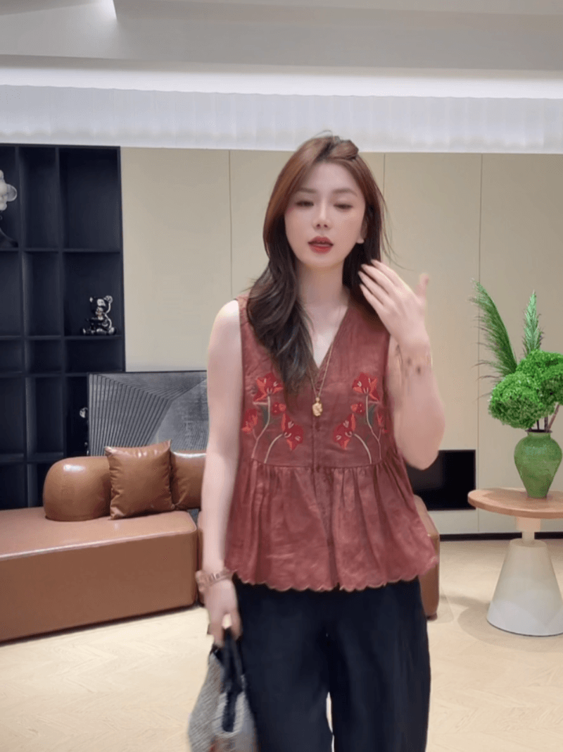 콩 추천 여름 싱글 줄 버튼 자수 자카드 주름 연령 감소 작은 셔츠 민소매 레트로 맨위 세트 상세 이미지 13