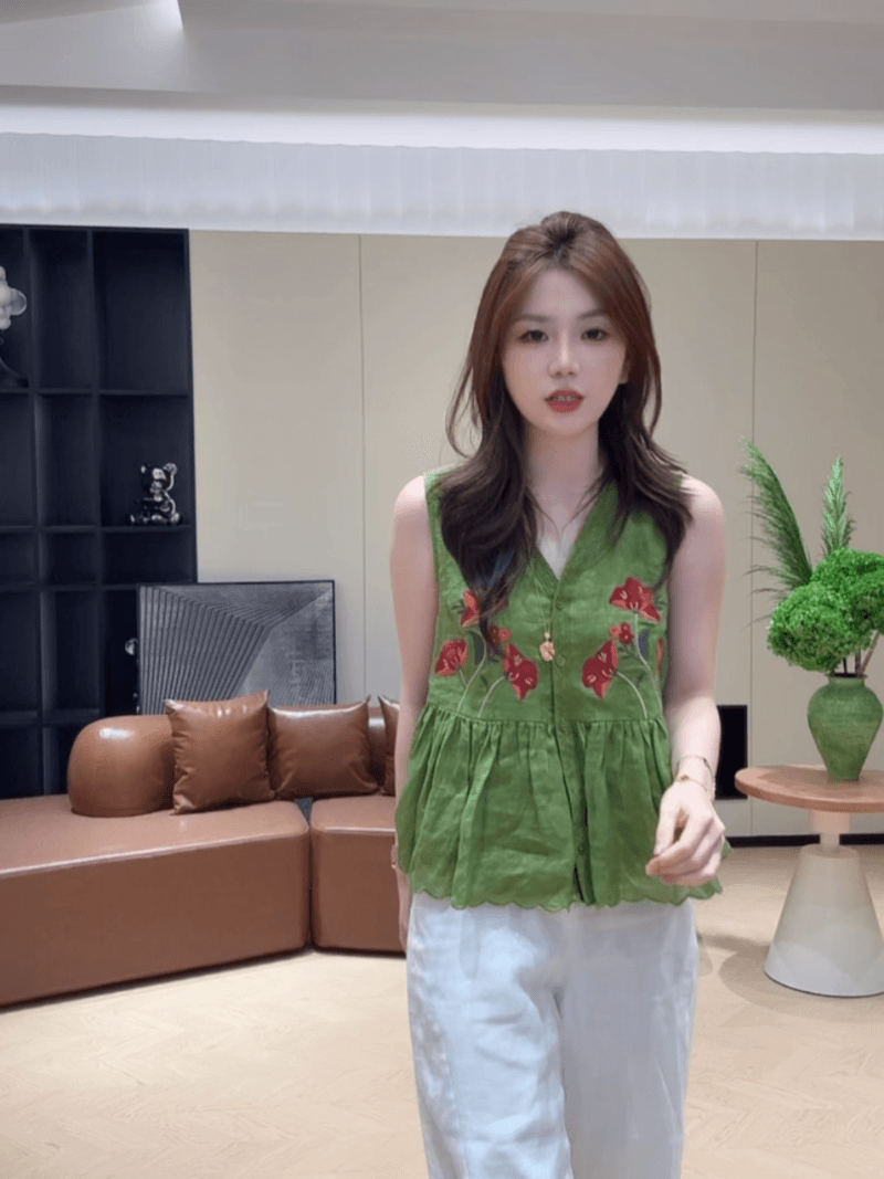 콩 추천 여름 싱글 줄 버튼 자수 자카드 주름 연령 감소 작은 셔츠 민소매 레트로 맨위 세트 상세 이미지 14