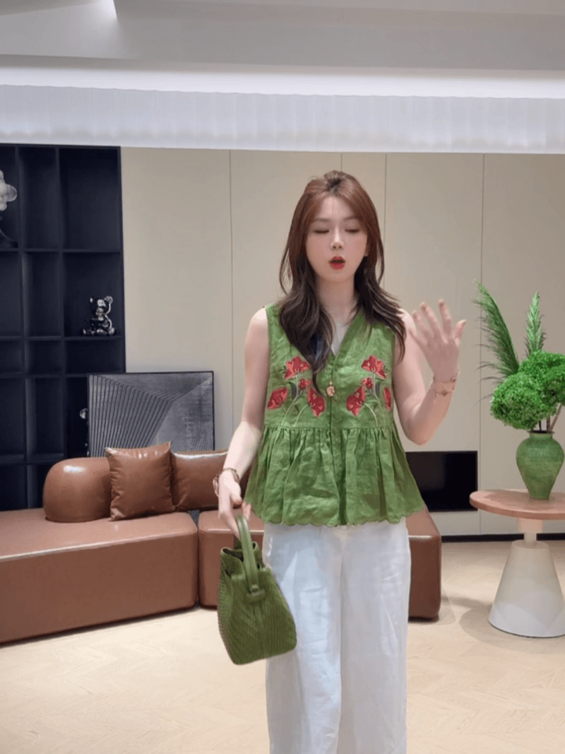 콩 추천 여름 싱글 줄 버튼 자수 자카드 주름 연령 감소 작은 셔츠 민소매 레트로 맨위 세트 상세 이미지 16