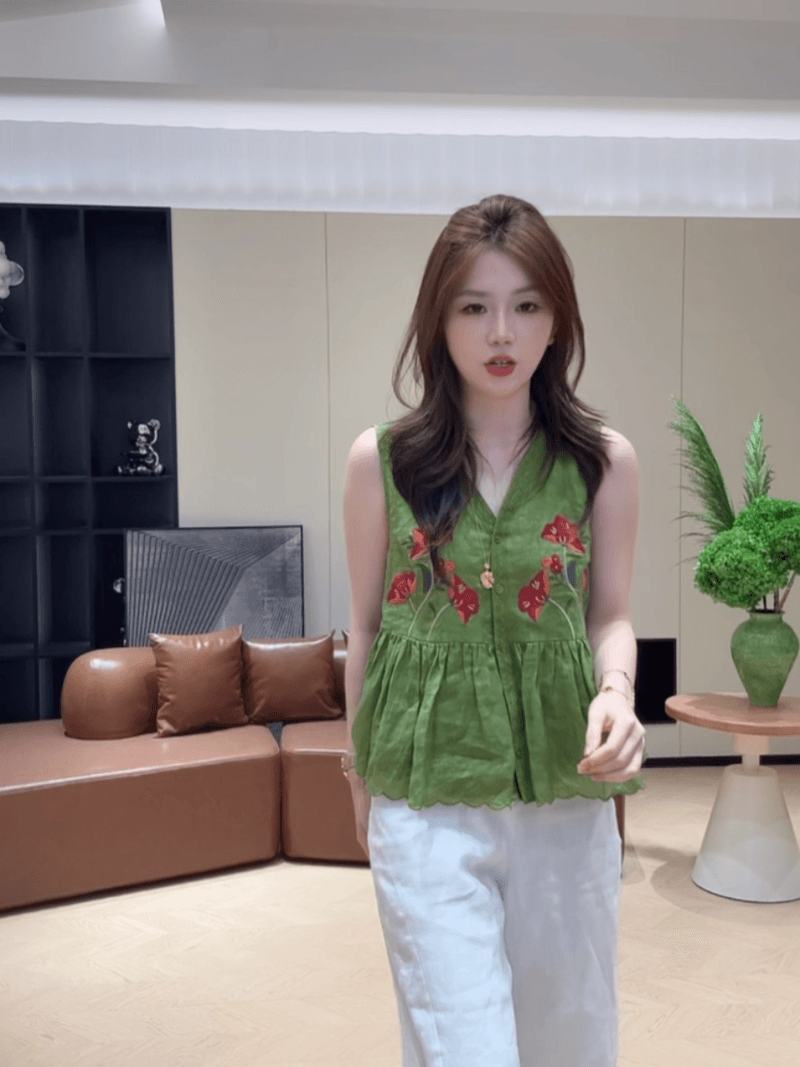 콩 추천 여름 싱글 줄 버튼 자수 자카드 주름 연령 감소 작은 셔츠 민소매 레트로 맨위 세트 상세 이미지 17