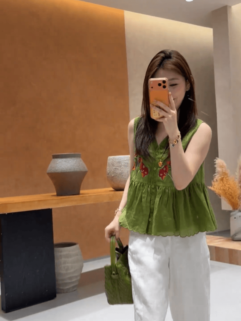 콩 추천 여름 싱글 줄 버튼 자수 자카드 주름 연령 감소 작은 셔츠 민소매 레트로 맨위 세트 상세 이미지 20