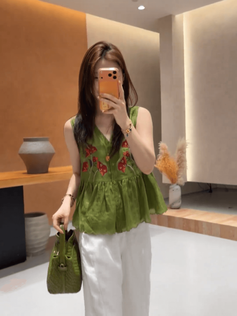 콩 추천 여름 싱글 줄 버튼 자수 자카드 주름 연령 감소 작은 셔츠 민소매 레트로 맨위 세트 상세 이미지 22