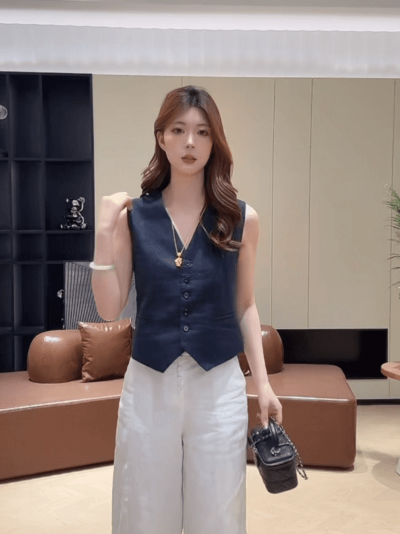 여름 품격 싱글 줄 버튼 V넥 슬림해 보이는 민소매 작은 셔츠 패션 다용도 미니멀리즘 베스트 세트 이미지 5