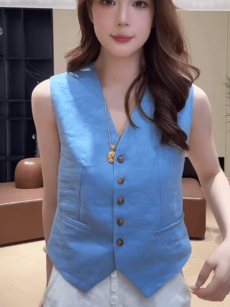 여름 품격 싱글 줄 버튼 V넥 슬림해 보이는 민소매 작은 셔츠 패션 다용도 미니멀리즘 베스트 세트 상세 이미지 2