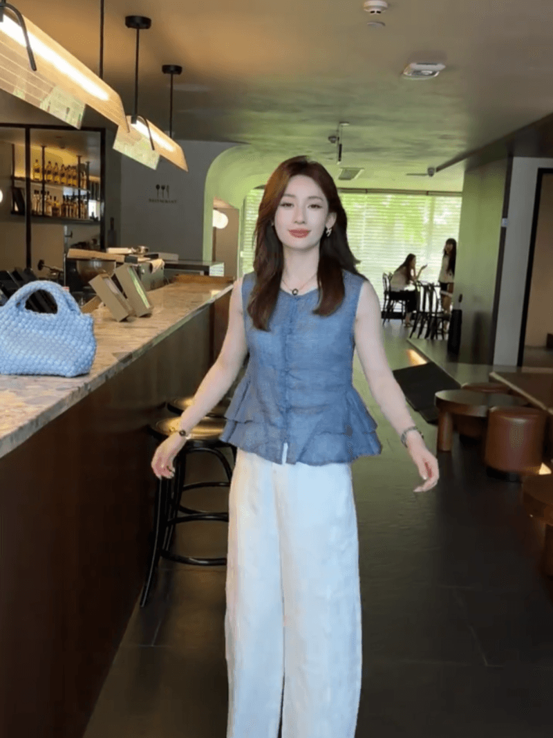 콩 추천 여름 이중층 밑단 연령 감소 꽃무늬 민소매 작은 셔츠 레트로 디자인 센스 맨위 세트 상세 이미지 8