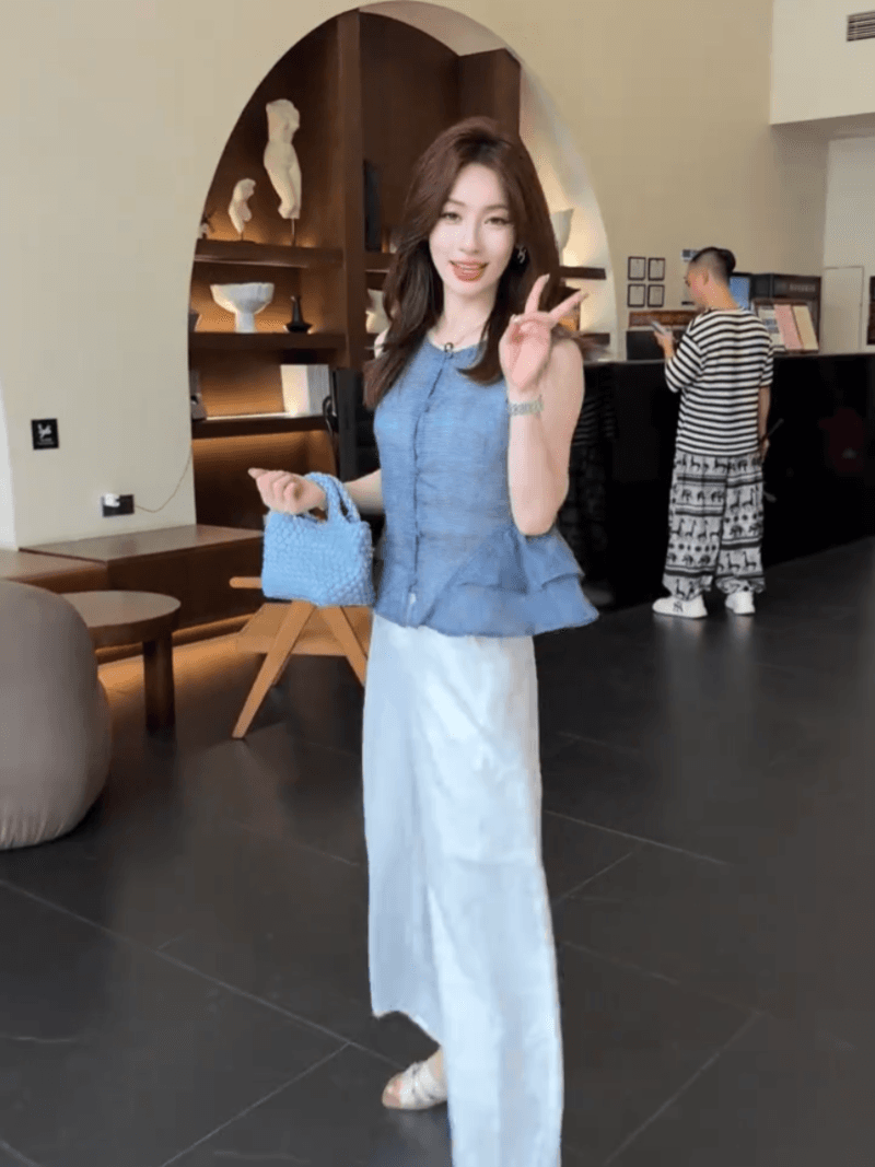 콩 추천 여름 이중층 밑단 연령 감소 꽃무늬 민소매 작은 셔츠 레트로 디자인 센스 맨위 세트 상세 이미지 15