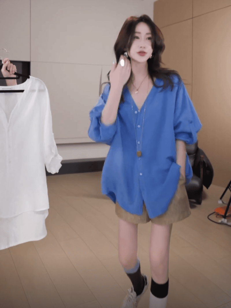 오래된 요새 저녁 종 오래된 돈 바람 캐주얼 루즈핏 v 벨 셔츠 여름 얇은 스타일 중간 소매 셔츠 세트 상세 이미지 10