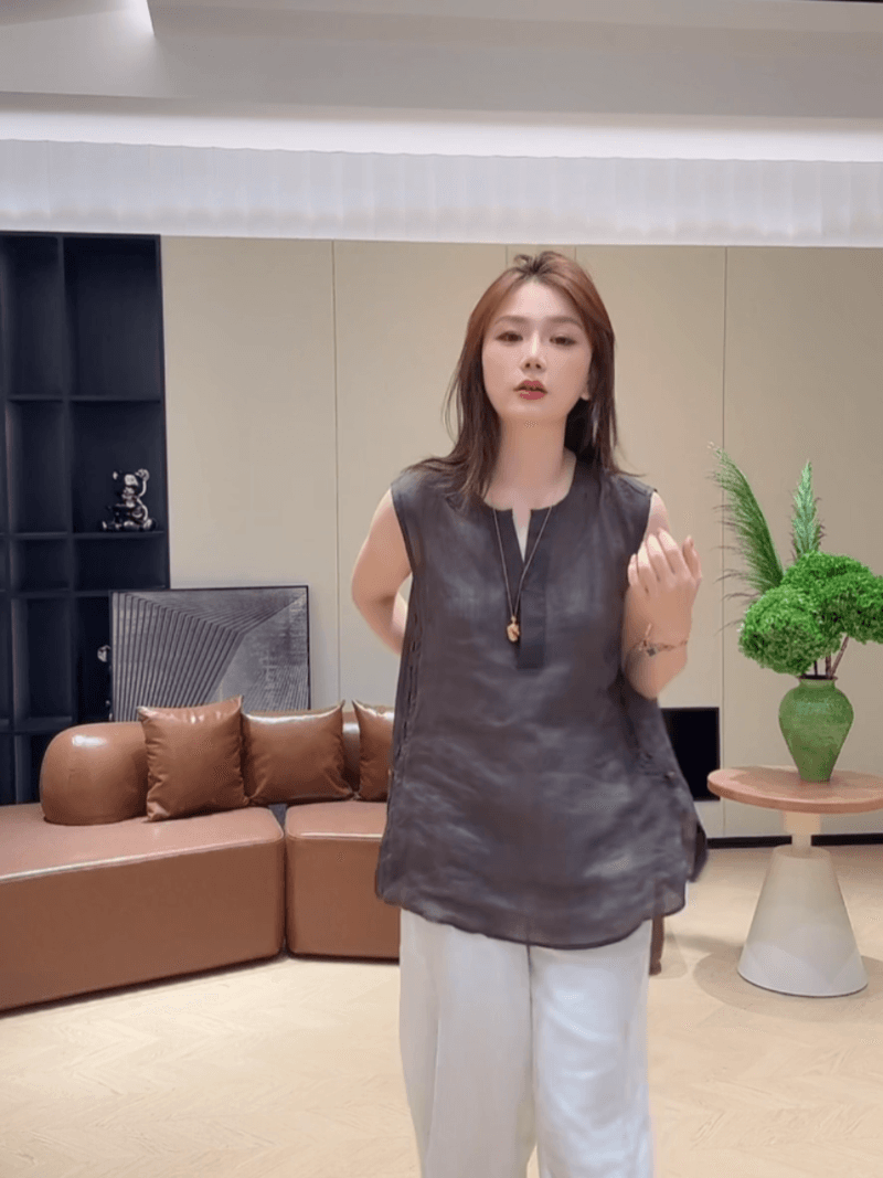 콩 추천 여름 패션 루즈핏 디자인 센스 V넥 민소매 작은 셔츠 느긋한 바람 중간 길이 맨위 세트 상세 이미지 10